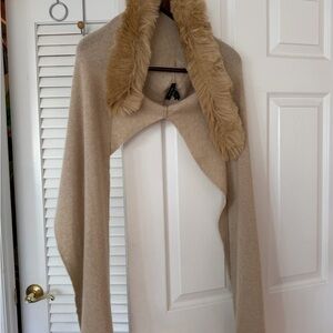 St. John Cream Cashmere Hooded Scarf with Faux Fur Trim